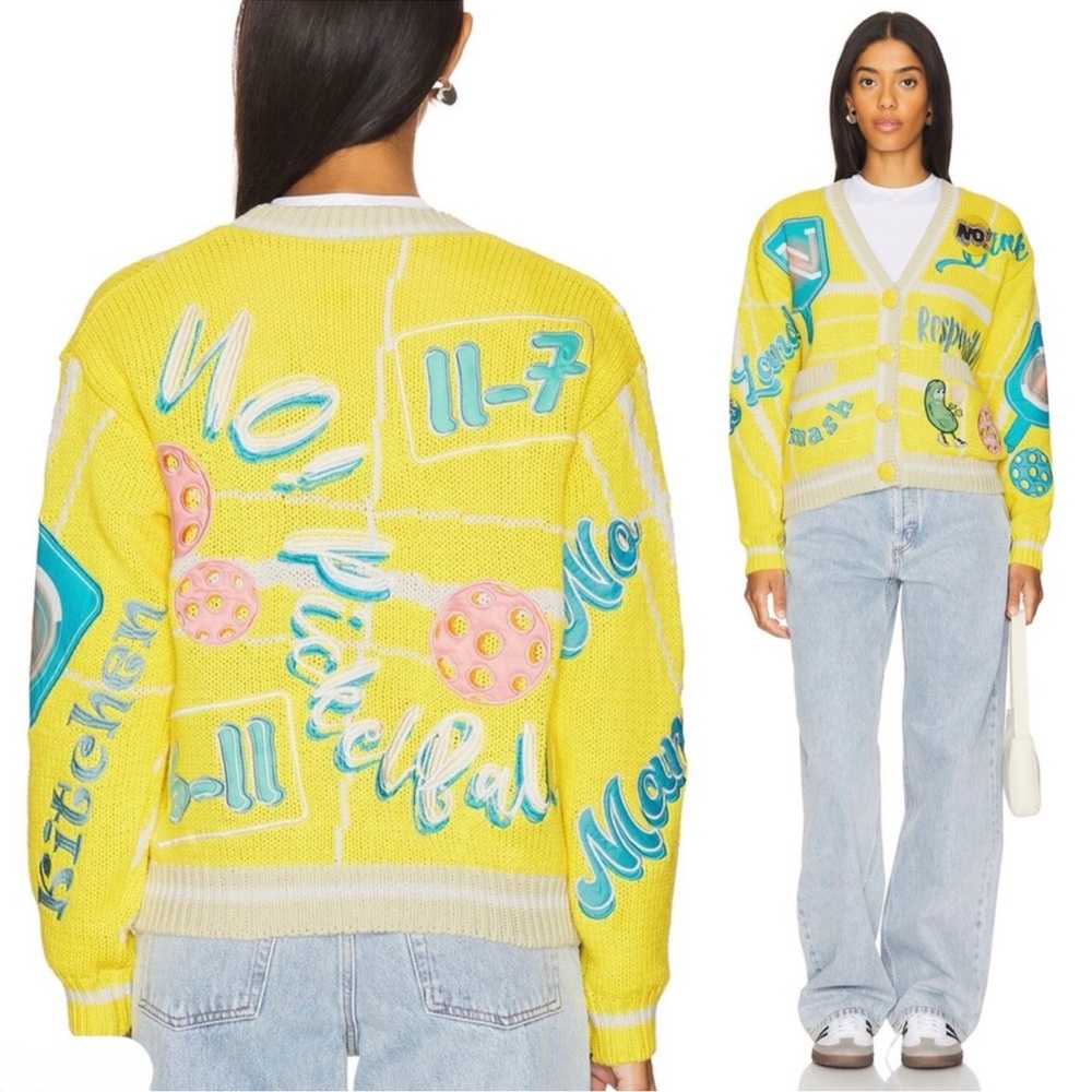 NEW No! Jeans Revolve Pickleball Cardigan Sweater in Yellow Large Ramie Cotton